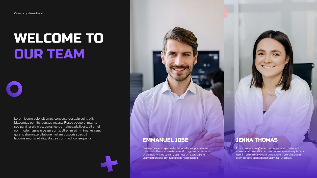 Team Introduction Template - Welcome slide with two member profiles