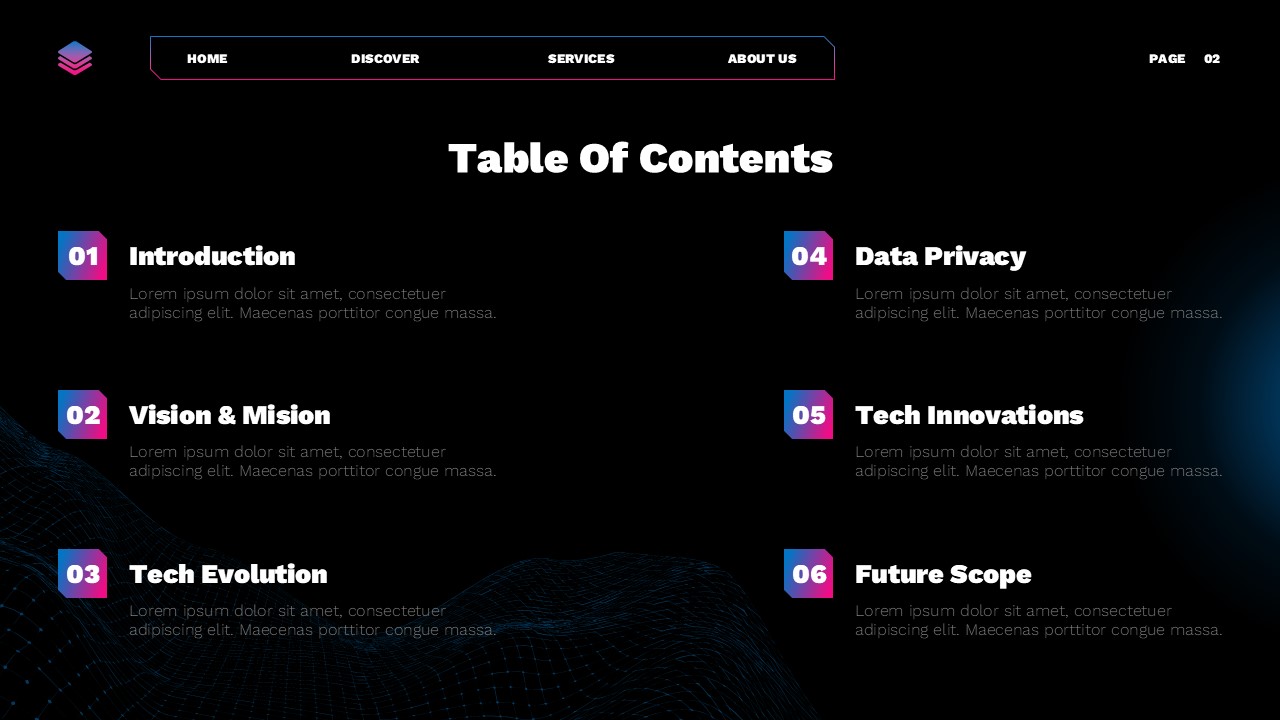 Technology Template - table of contents with 6 numbered sections