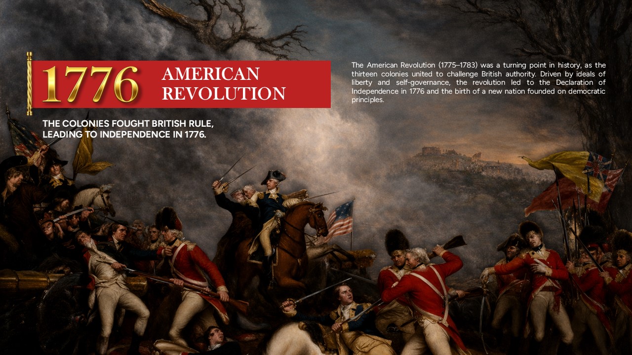US History American Revolution Template - 1776 battle scene slide with Revolutionary War imagery