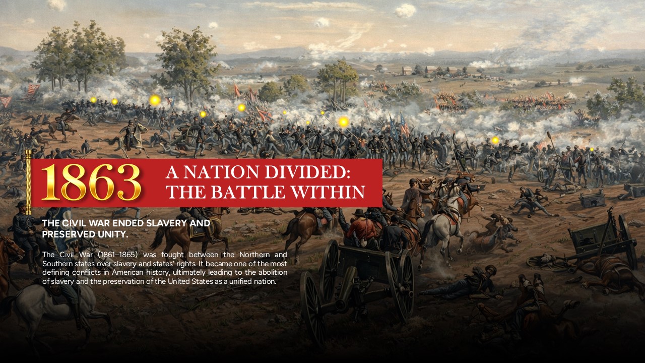 US History Civil War Template - 1863 battlefield scene with divided nation theme