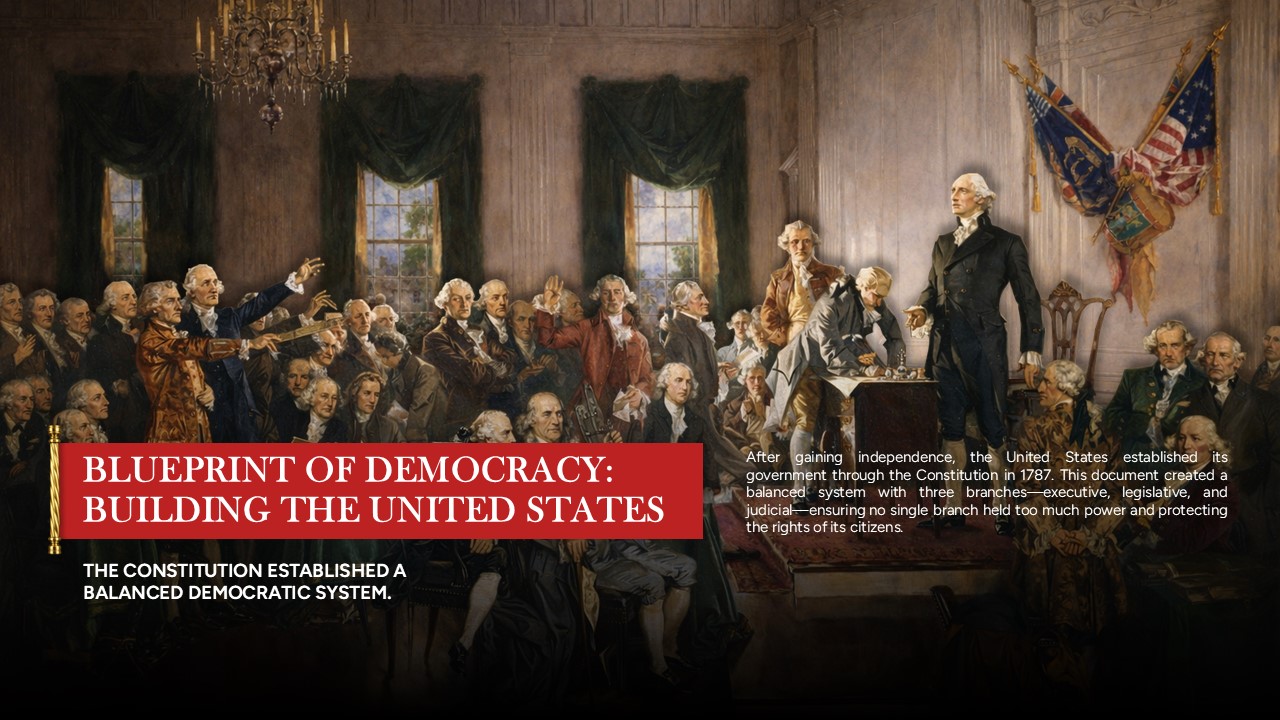 US History Constitutional Convention Template - Founding Fathers deliberation scene with democracy theme