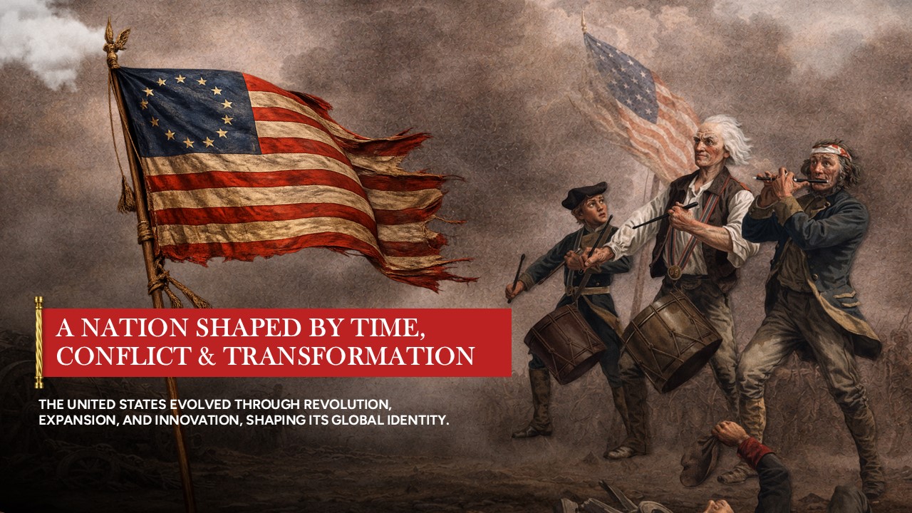 US History Google Slides PowerPoint Template - Introduction slide with Spirit of '76 patriotic painting