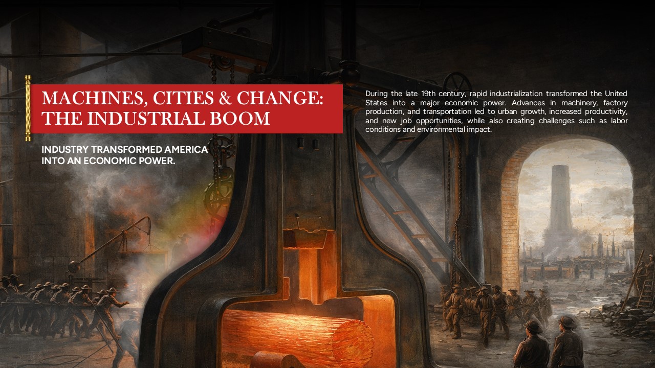 US History Industrial Revolution Template - Factory interior with machinery and workers