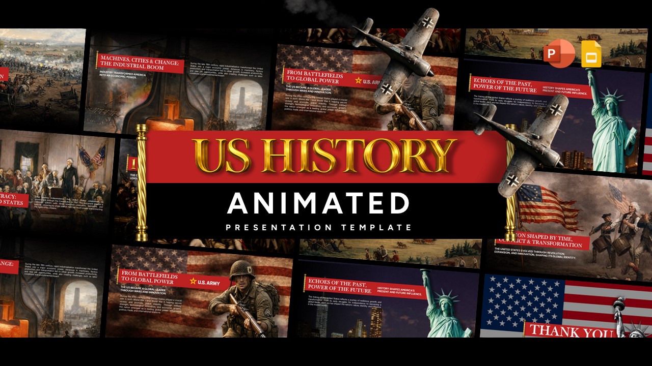 US History Slides Overview Template - Complete presentation template showcase with multiple historical scenes