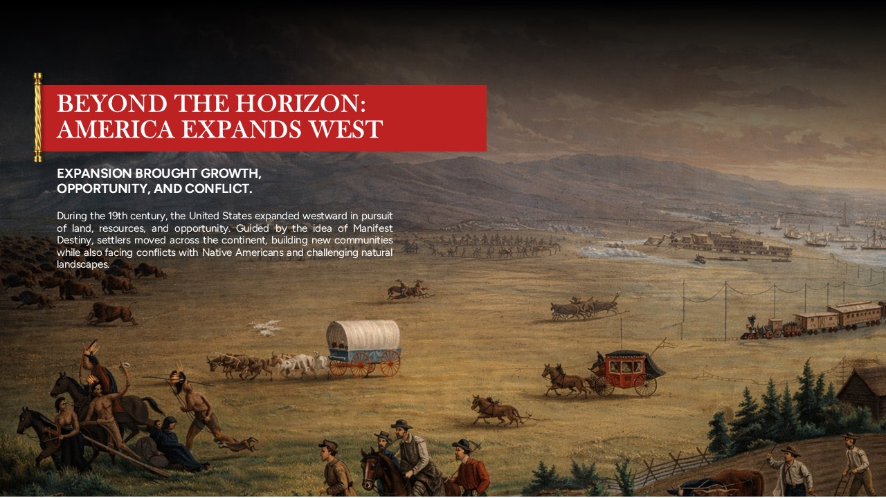 US History Westward Expansion Template - Frontier landscape with wagon trains and settlers
