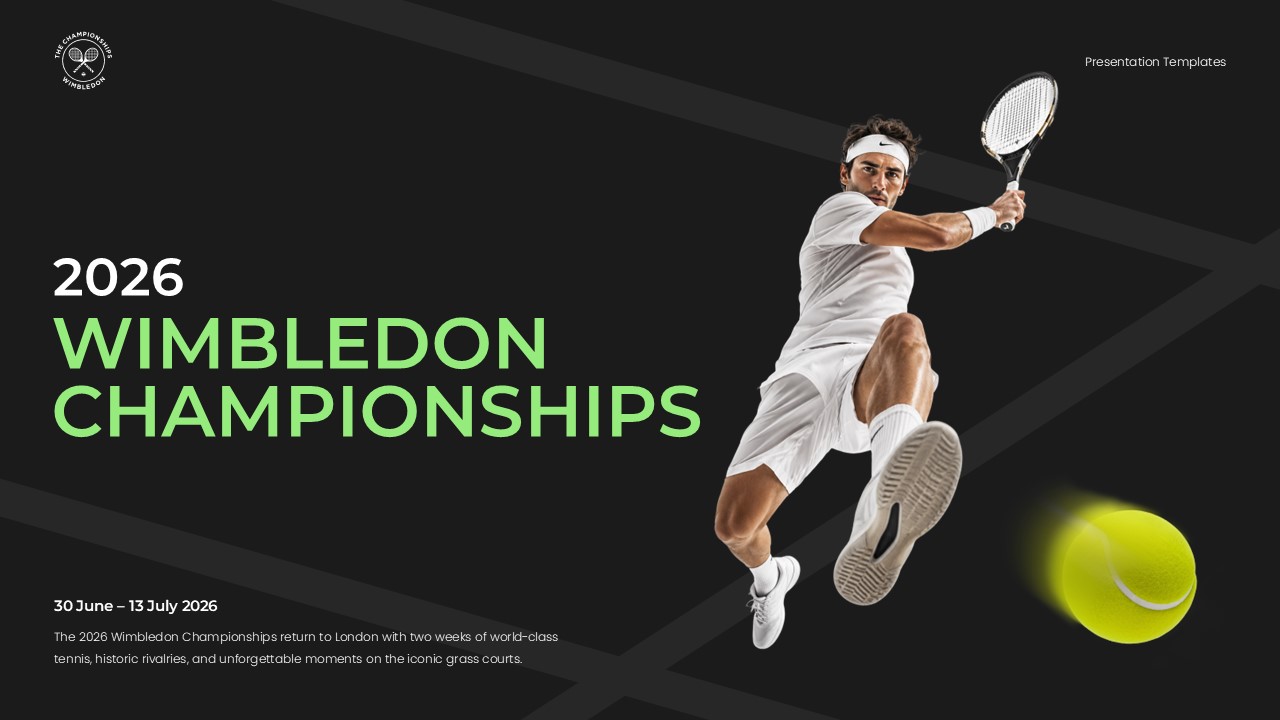 Wimbledon Template - 2026 Championships title slide with tennis player