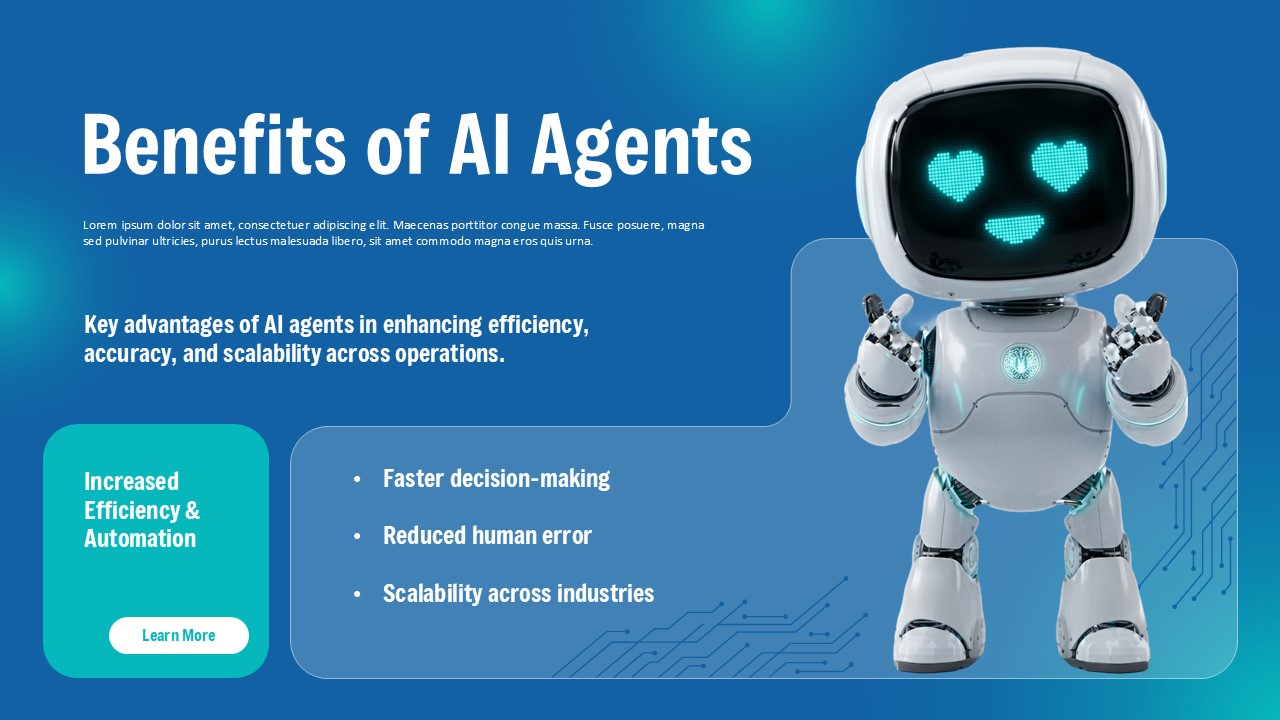 AI Agent Template - benefits slide with confident robot, green efficiency box, bullet points