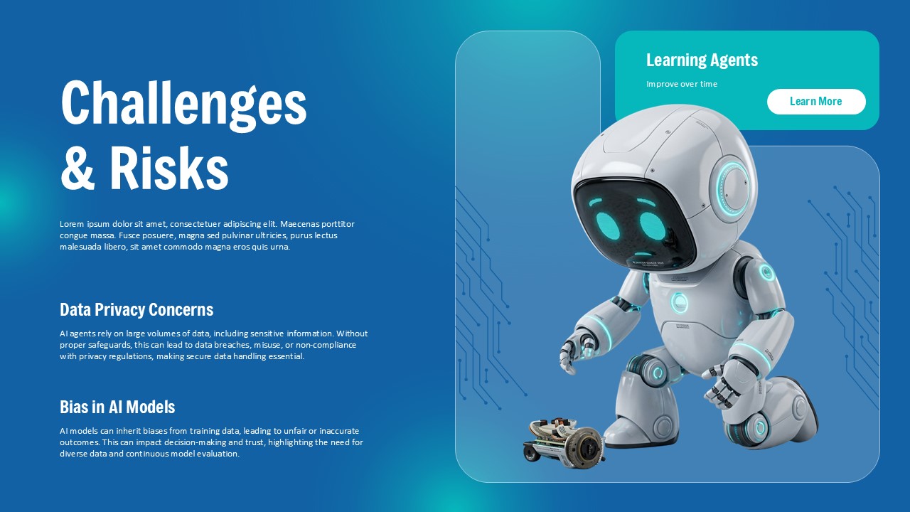 AI Agent Template - challenges slide with thinking robot, data privacy and bias sections