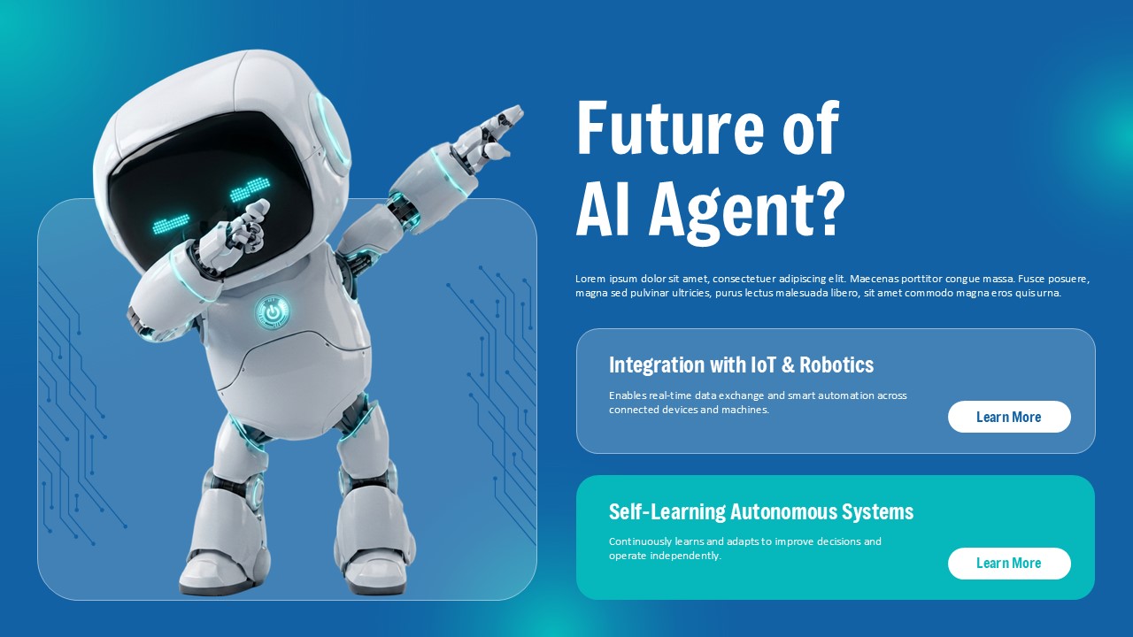 AI Agent Template - future slide with pointing robot, IoT integration and autonomous systems boxes