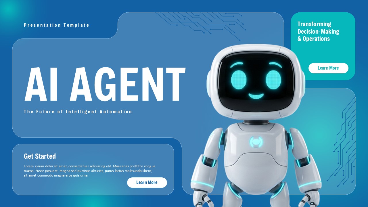 AI Agent Template - title slide with white robot, Get Started section, green accent box