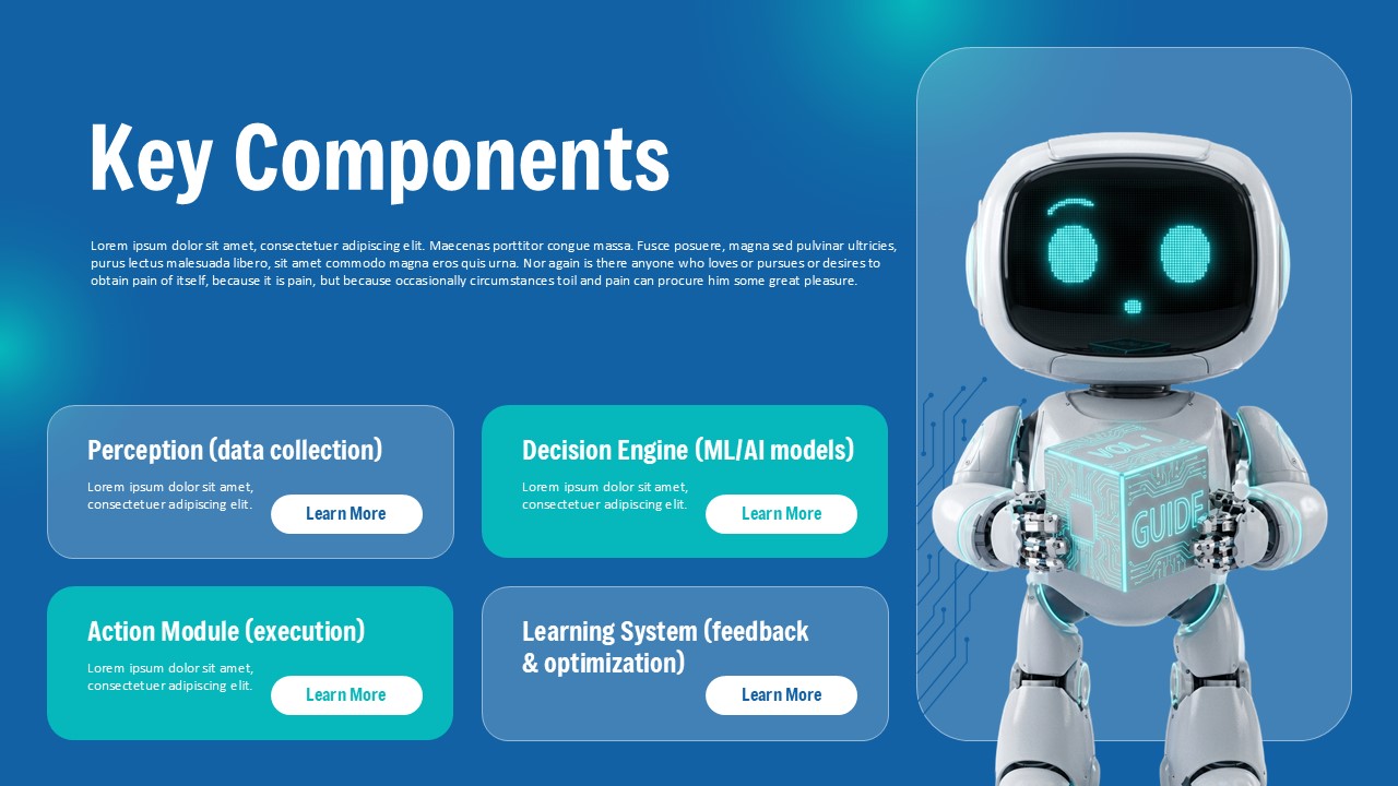 AI Agent Template - components slide with robot holding cube, four colored component boxes
