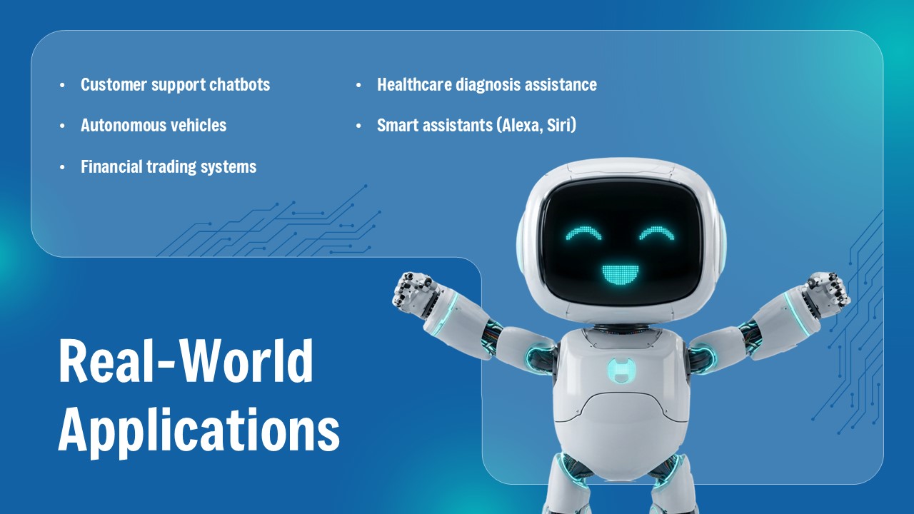 AI Agent Template - applications slide with celebrating robot, two-column application list