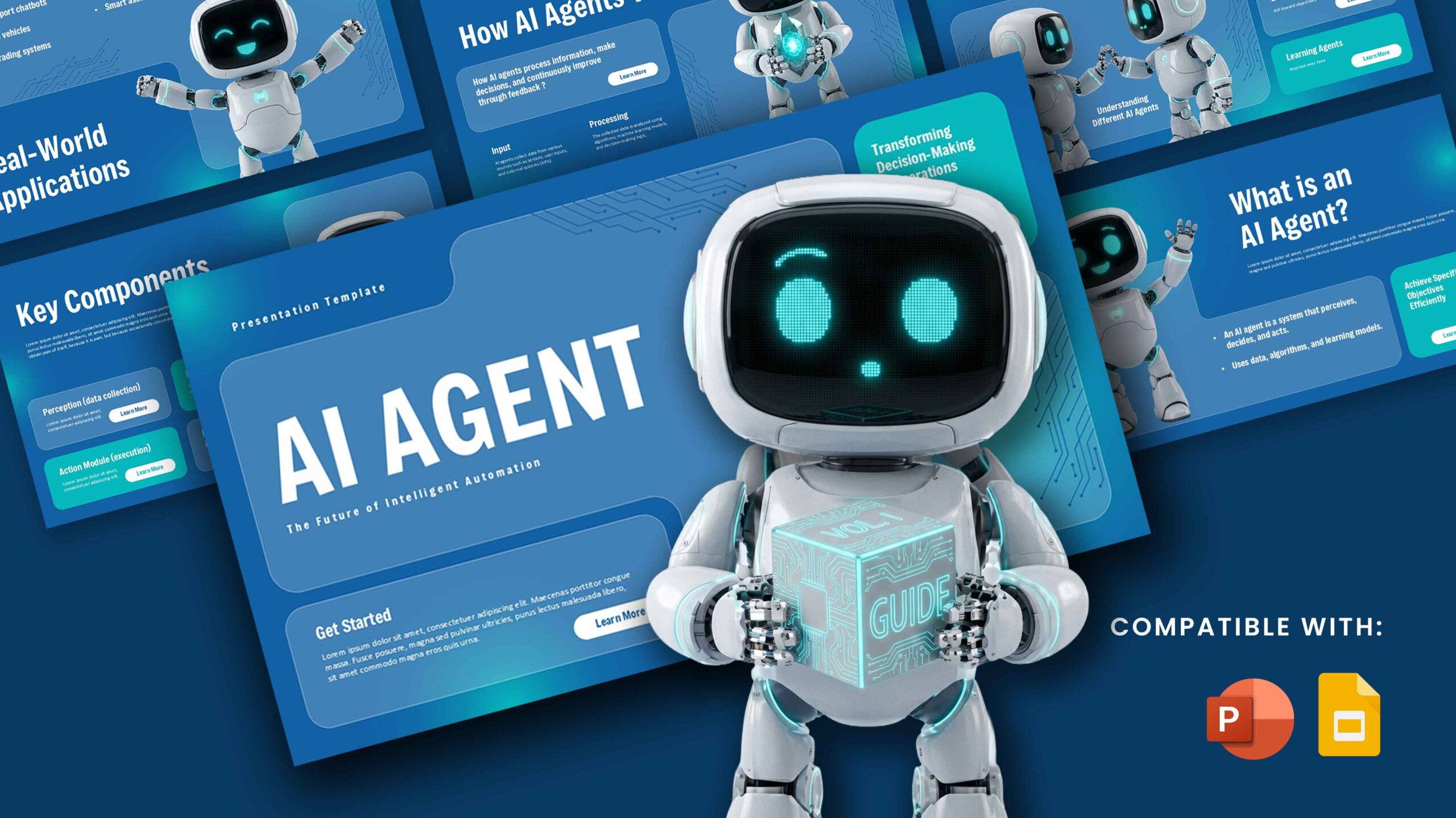 AI Agent Template - cover slide with 3D white robot, blue gradient background, multiple slide previews