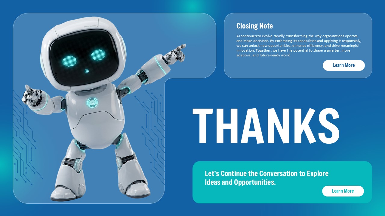 AI Agent Template - thank you slide with waving robot, closing note, green conversation box