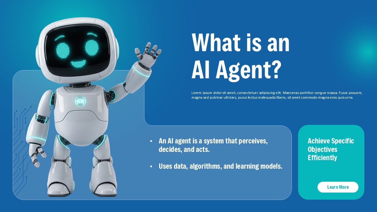 AI Agent Template - definition slide with waving robot, bullet points, green objectives box