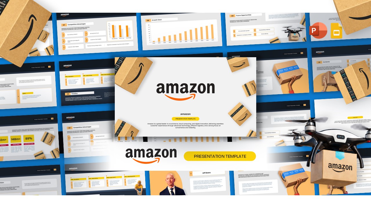 Amazon PowerPoint Template - Cover slide with logo and delivery drone