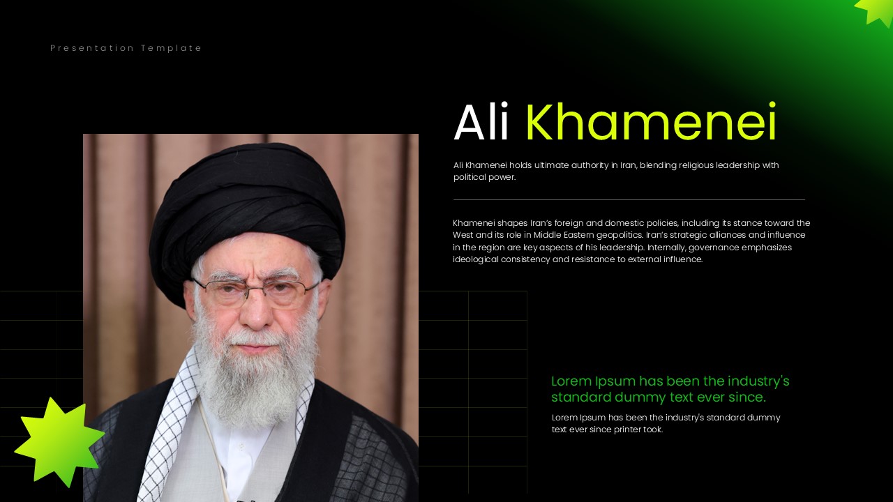 World Leaders Template - Ali Khamenei profile slide for examining Iranian politics and Middle Eastern affairs