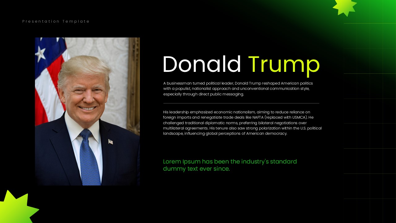 World Leaders Template - Donald Trump profile slide for presenting U.S. political leadership and policies