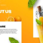 Plantilla de plan de lanzamiento de producto: diapositiva "Acerca de nosotros" con sección de descripción de la empresa e imágenes de rodajas de naranja.