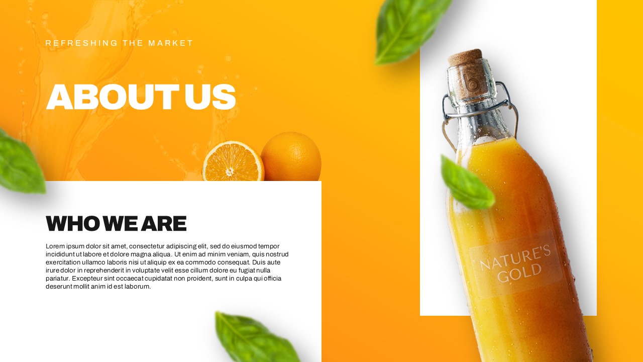 Plantilla de plan de lanzamiento de producto: diapositiva "Acerca de nosotros" con sección de descripción de la empresa e imágenes de rodajas de naranja.