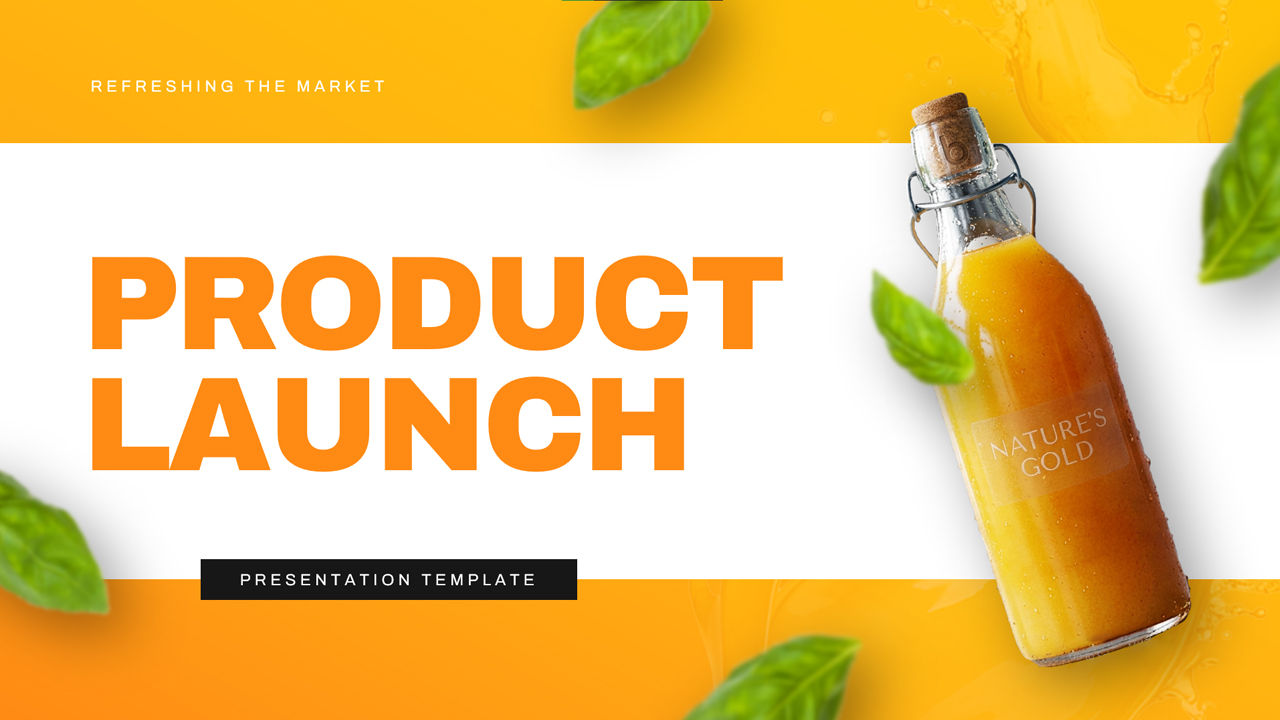 Plantilla de plan de lanzamiento de producto: diapositiva de título con diseño limpio, botella del producto y elementos de marca en color naranja.