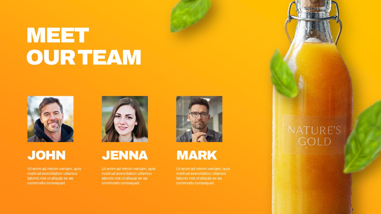 Plantilla de plan de lanzamiento de producto: diapositiva de presentación del equipo con 3 perfiles de miembros y fotos de perfil circulares.