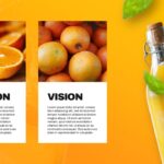 Plantilla de plan de lanzamiento de producto: diapositiva de misión y visión con dos cuadros de contenido blancos e imágenes de cítricos.