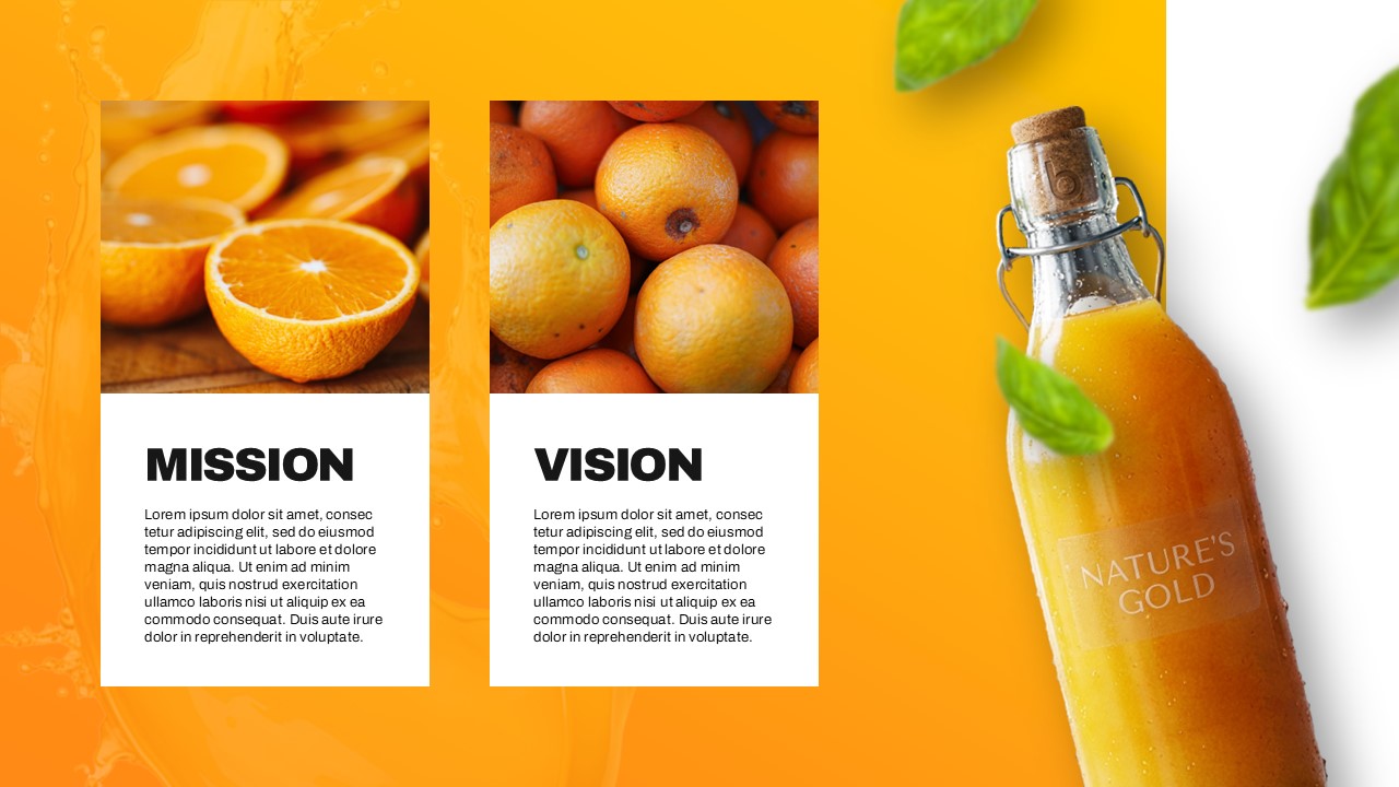 Plantilla de plan de lanzamiento de producto: diapositiva de misión y visión con dos cuadros de contenido blancos e imágenes de cítricos.