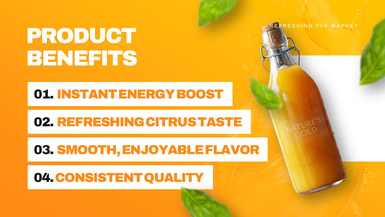 Plantilla de plan de lanzamiento de producto: diapositiva de beneficios que enumera 4 ventajas clave del producto en recuadros blancos.