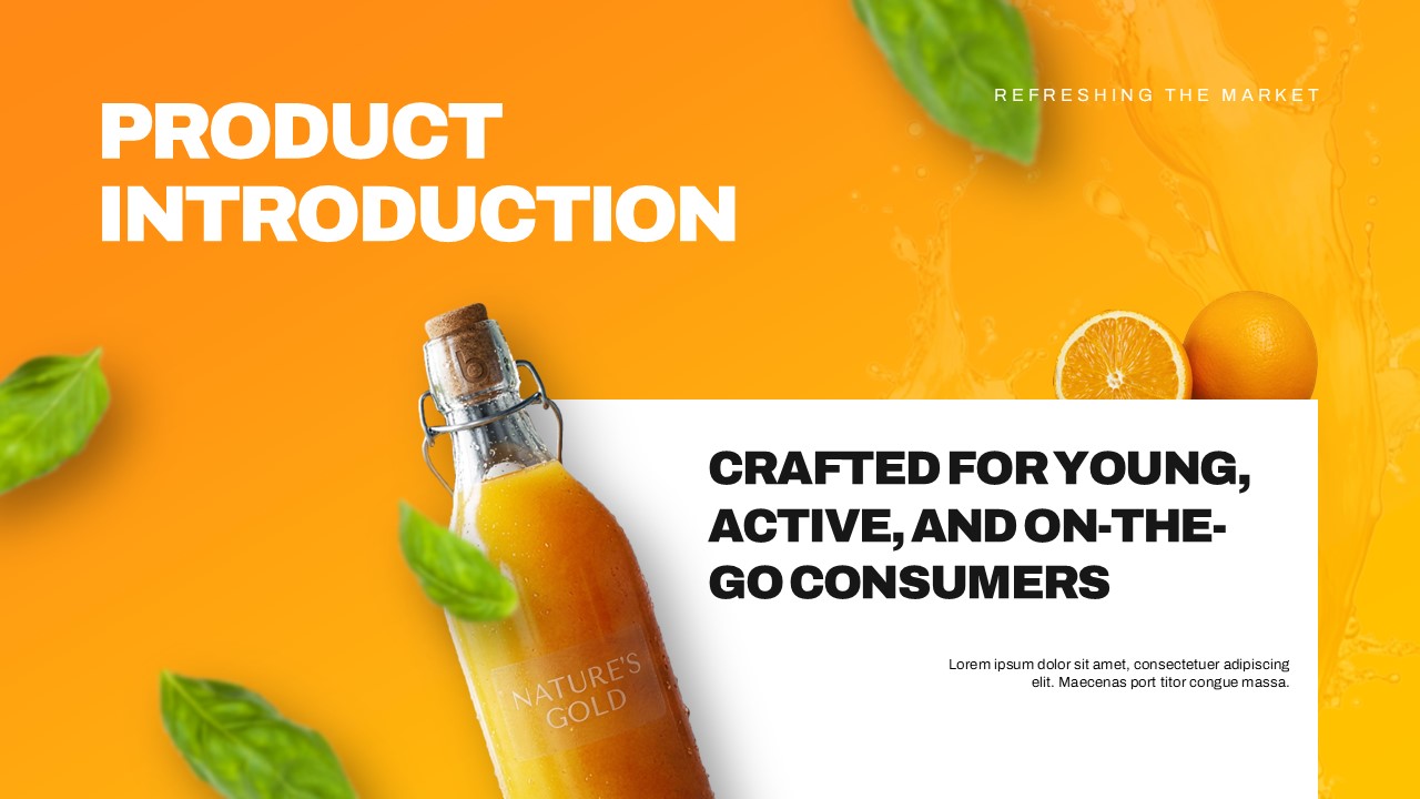 Plantilla de plan de lanzamiento de producto: diapositiva de introducción del producto con diseño dividido y titular dirigido al consumidor objetivo.