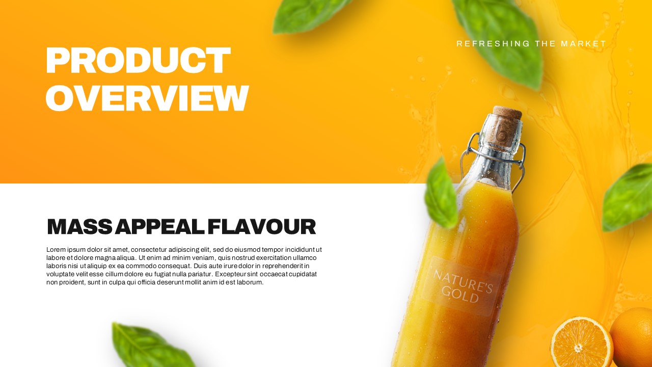 Plantilla de plan de lanzamiento de producto: diapositiva de resumen que destaca el sabor atractivo para el público general con elementos decorativos cítricos.