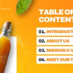 Plantilla de plan de lanzamiento de producto: índice con 4 secciones numeradas e imágenes de la botella del producto.