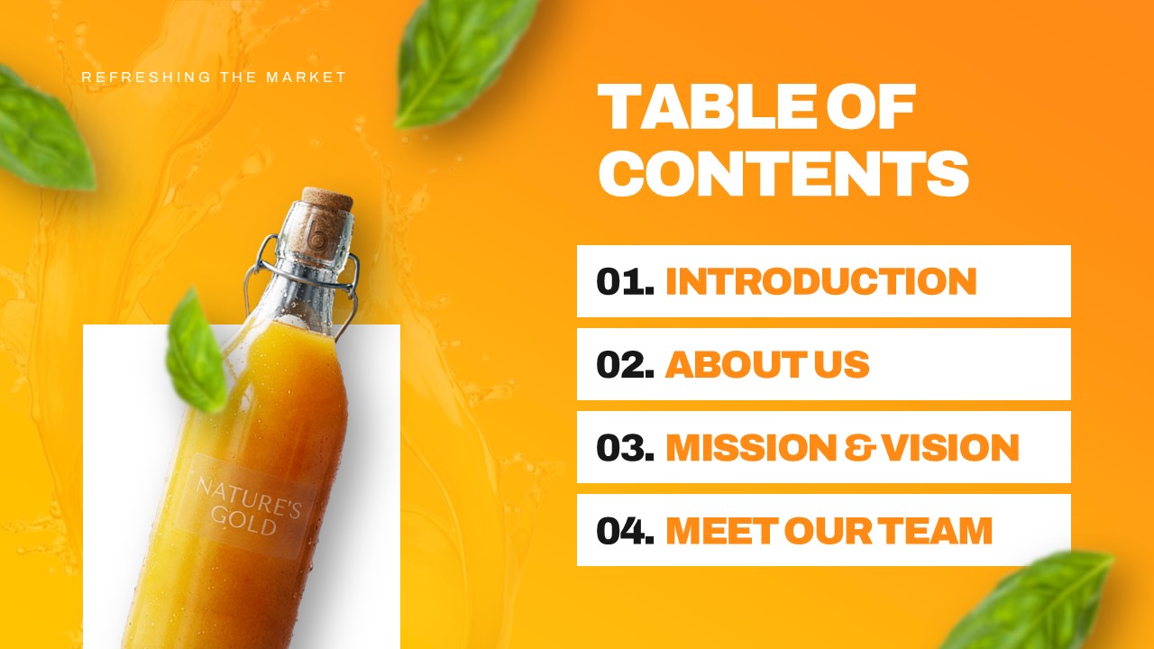 Plantilla de plan de lanzamiento de producto: índice con 4 secciones numeradas e imágenes de la botella del producto.