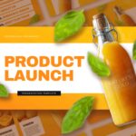 Plantilla de plan de lanzamiento de producto: diapositiva de portada con botella de zumo de naranja, texturas cítricas y tipografía grande.