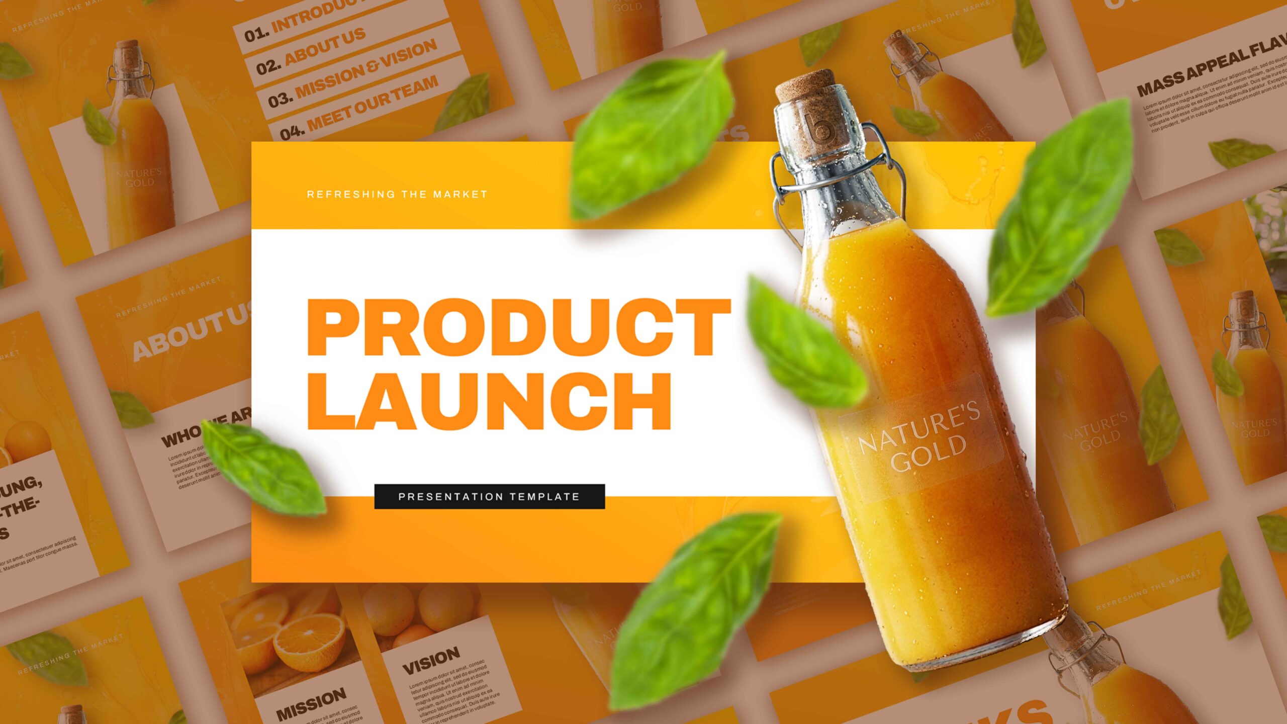 Product Launch Plan Template - cover slide with orange juice bottle, citrus textures, and large typography