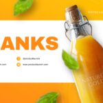 Plantilla de plan de lanzamiento de producto: diapositiva de agradecimiento con cuadrícula de información de contacto y presentación de la botella del producto.