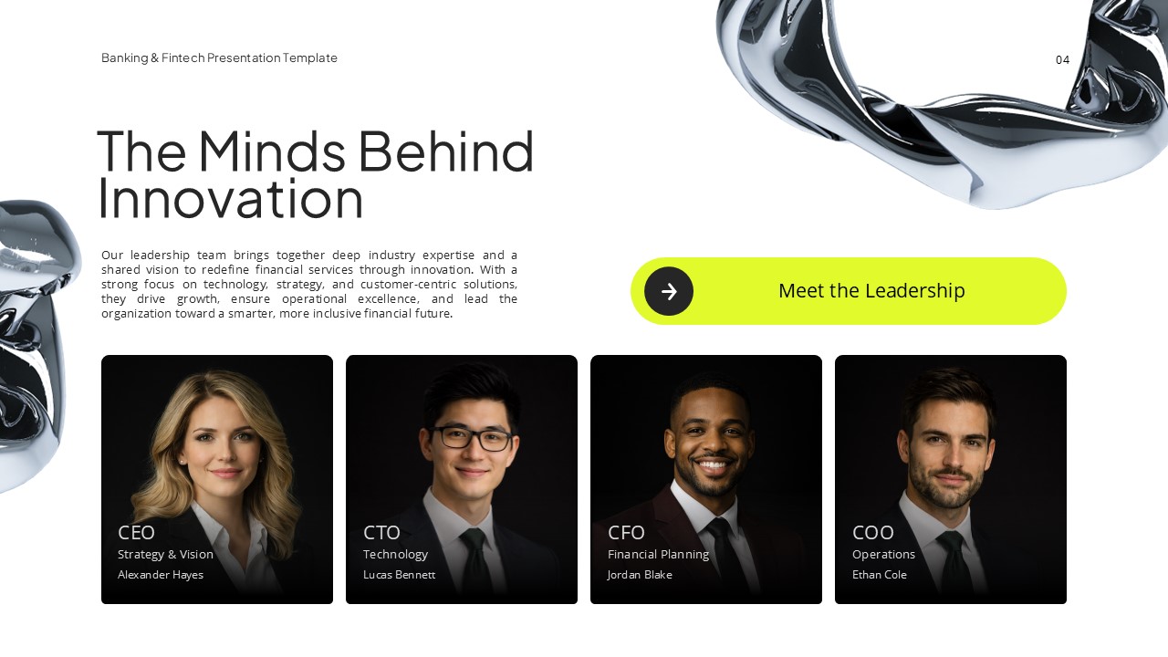 Banking & Fintech Leadership - Professional headshots grid presents executive team with roles from CEO to COO
