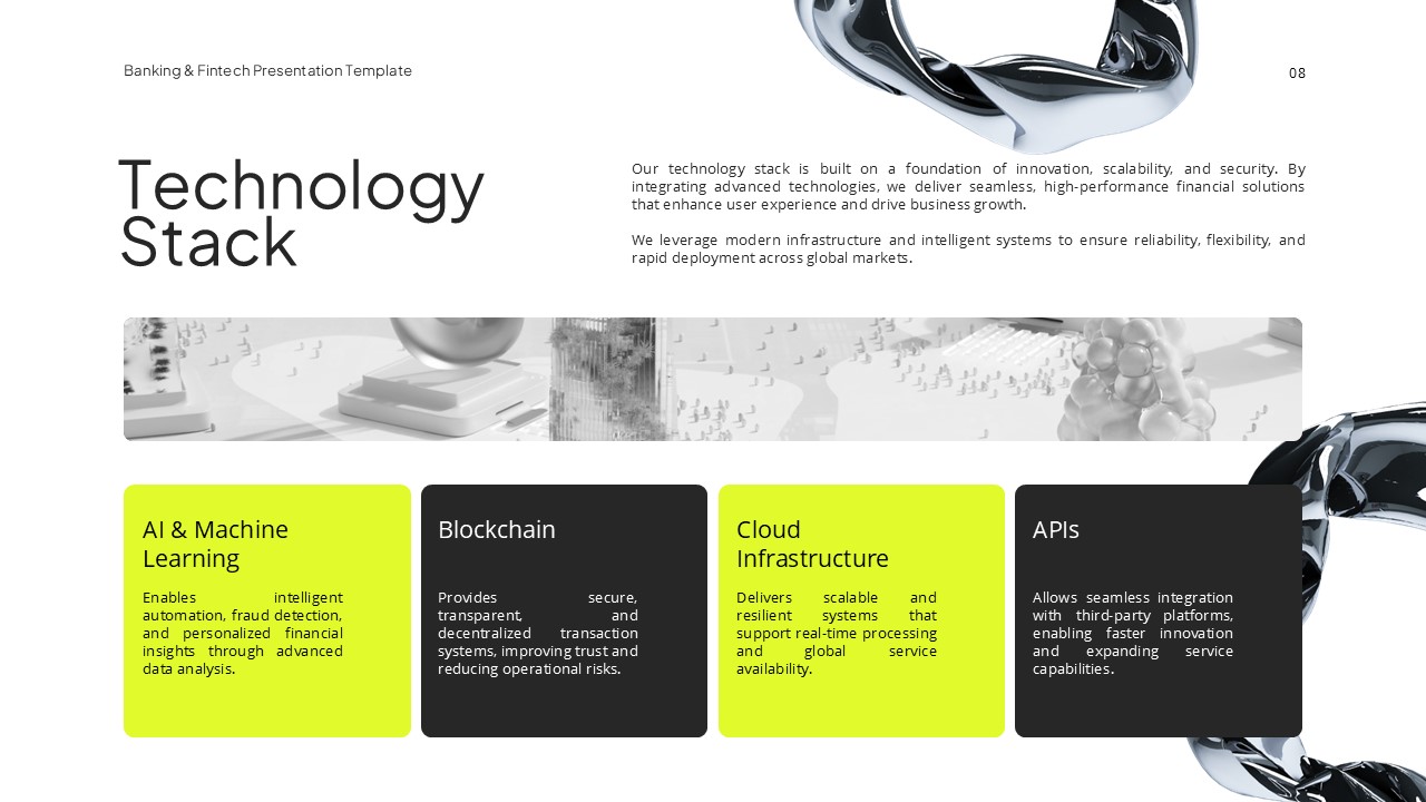 Banking & Fintech Technology Stack - AI, blockchain, cloud, and API components arranged in innovative tech grid layout