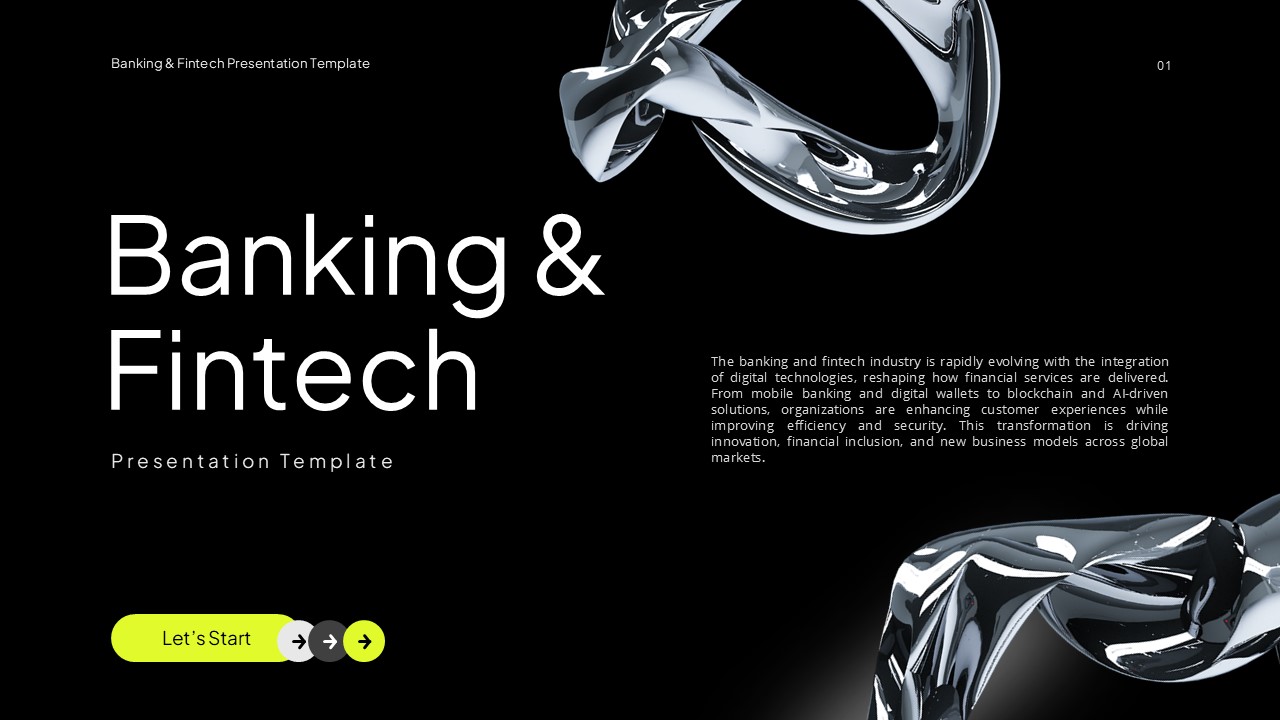 Banking & Fintech Template - Bold title flows with chrome ribbons to lime green start button on sleek black background