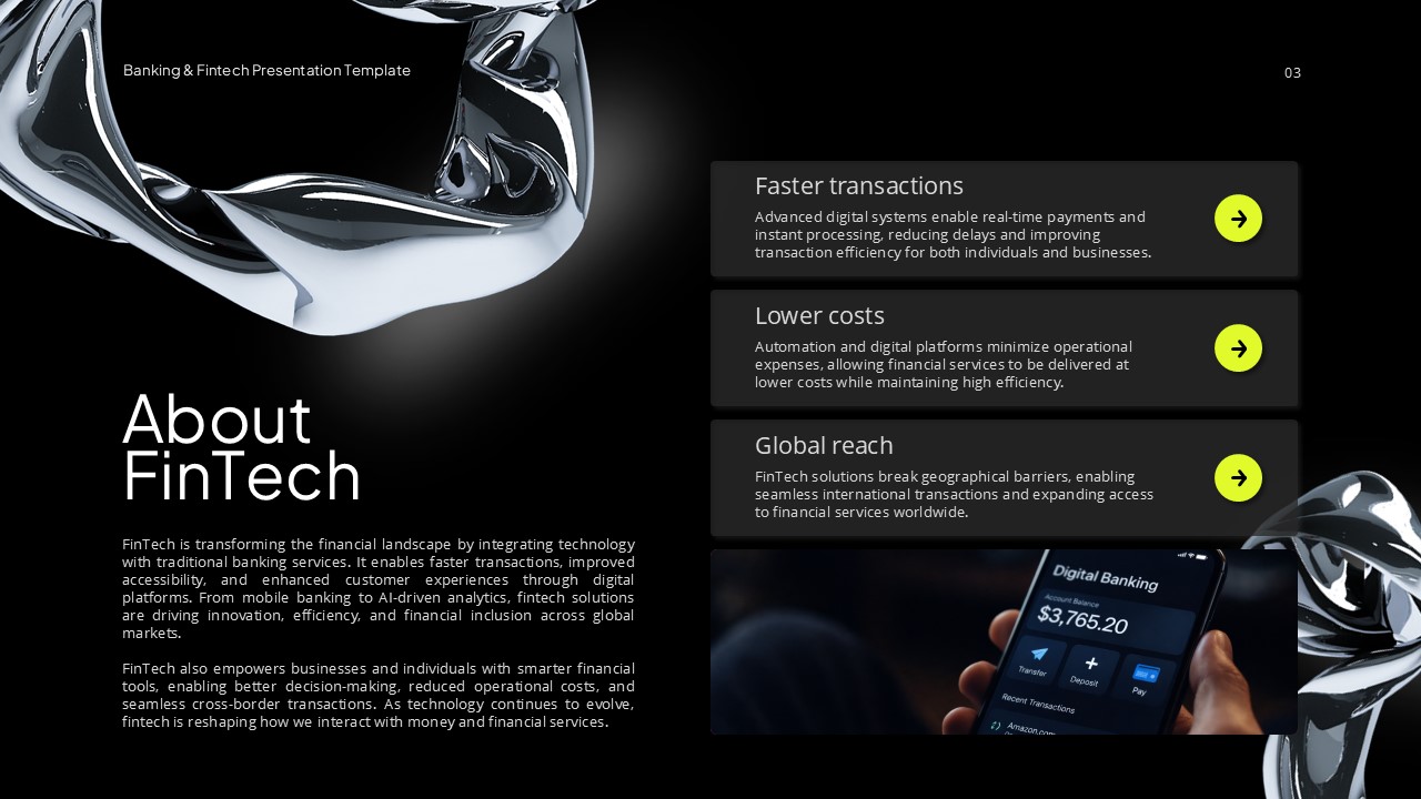 Banking & Fintech About - Smartphone banking visual flows alongside three benefit panels highlighting speed and efficiency