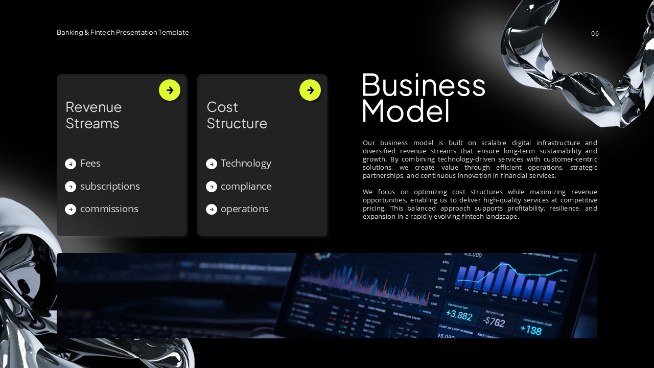 Banking & Fintech Business Model - Revenue streams and cost structure comparison flows with financial dashboard visuals