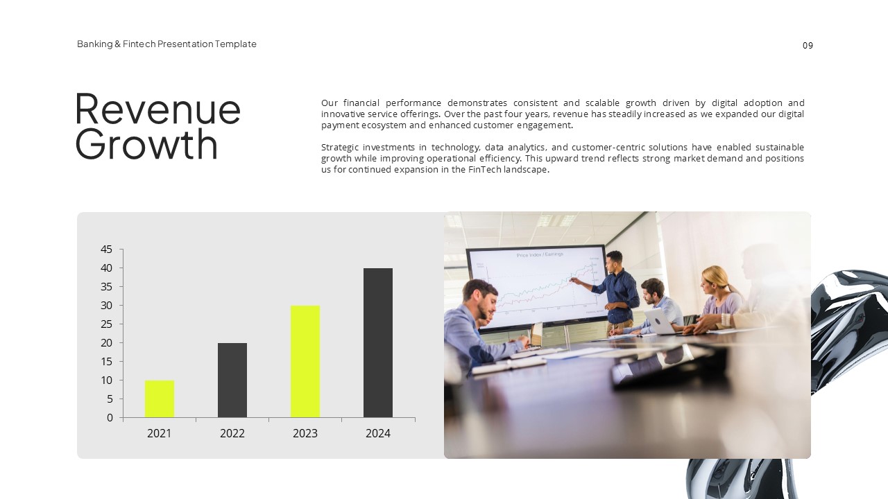 Banking & Fintech Revenue Growth - Bar chart progression from 2021-2024 flows with business meeting analytics imagery
