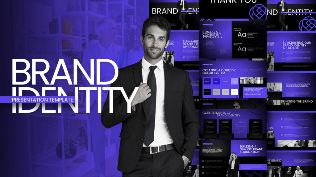 Brand Identity Template - Complete presentation preview showcasing professional slides with purple gradients