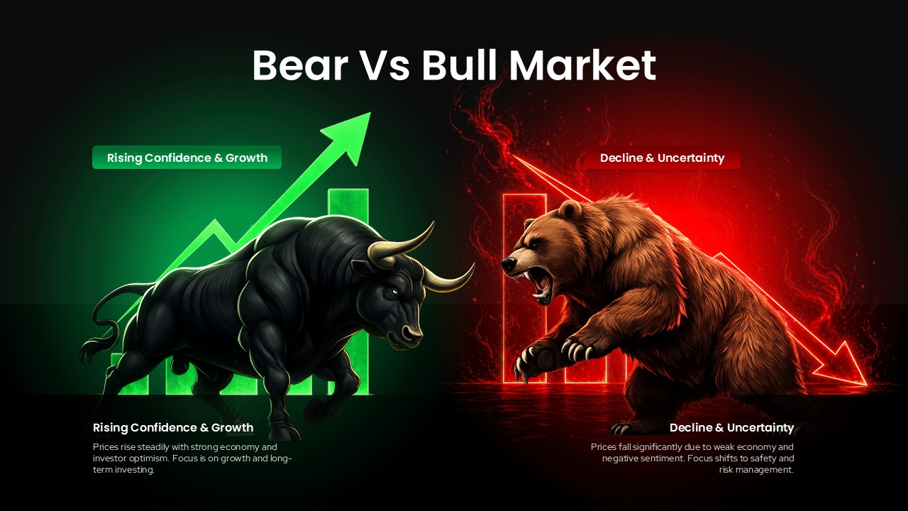 Bull vs Bear Market Infographic template cover slide to introduce financial market concepts with dramatic visual contrast