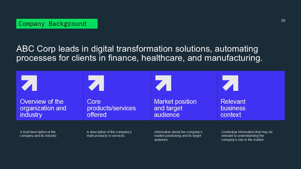 Business Case Study Template - company background slide with 4 columns and upward arrow icons