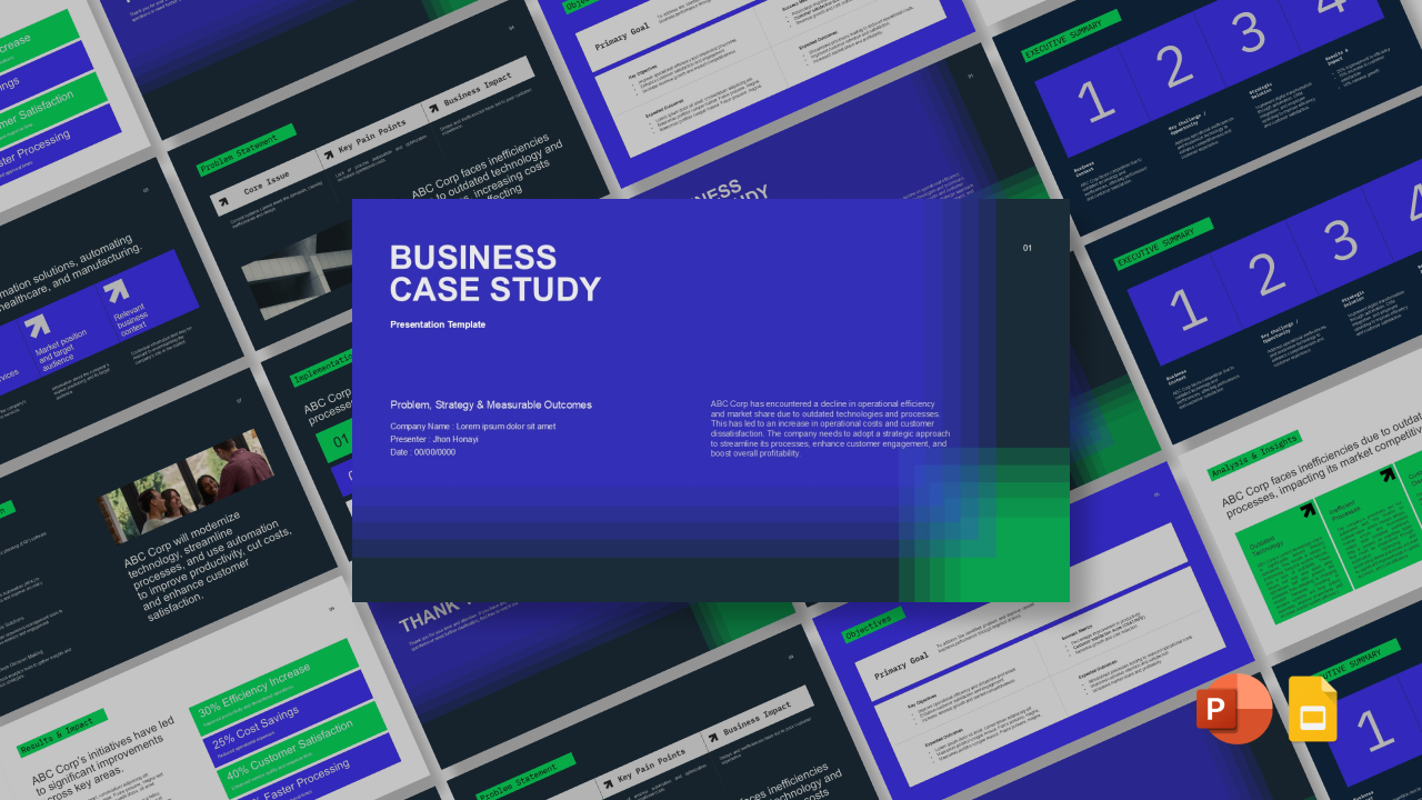Business Case Study Template - isometric preview showing 11 slides with blue-green design and PowerPoint icons