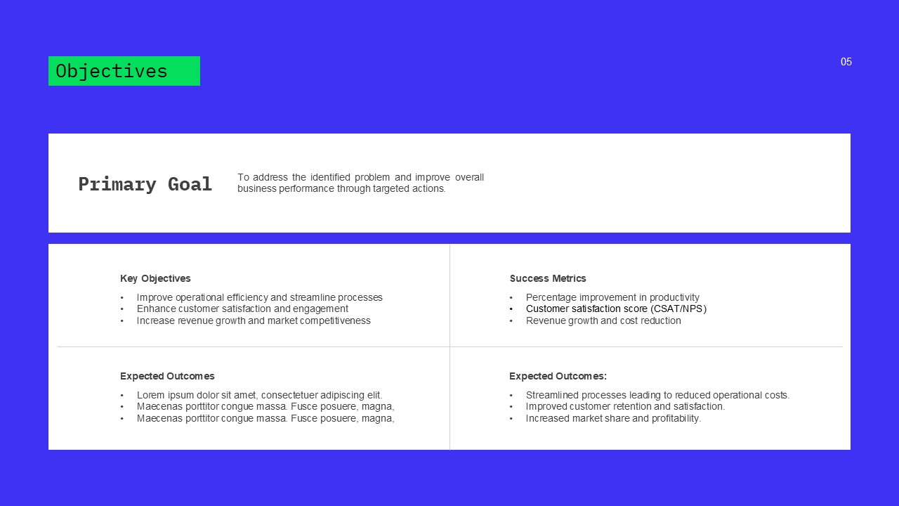 Business Case Study Template - objectives slide with white content area and 4-quadrant grid layout