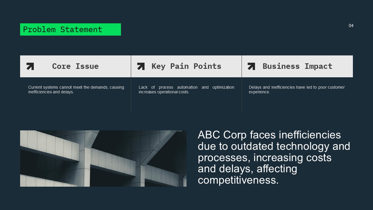 Business Case Study Template - problem statement with 3 columns, arrow icons, and architectural image