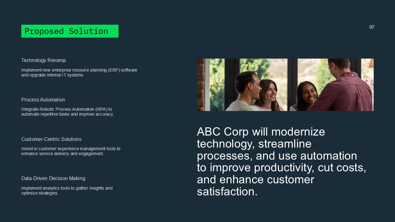 Business Case Study Template - solution slide with 4 categories and team collaboration photo