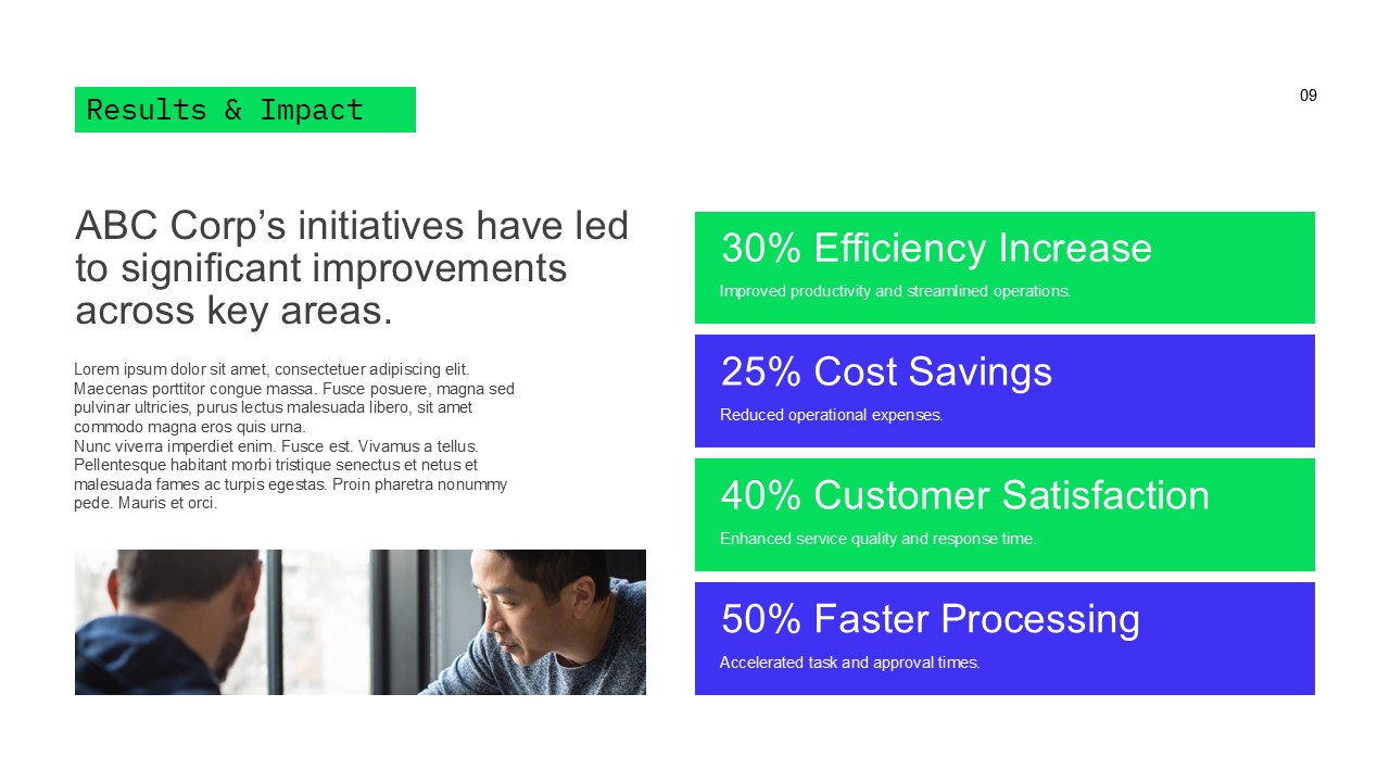 Business Case Study Template - results slide with 4 percentage metrics in green and blue bars